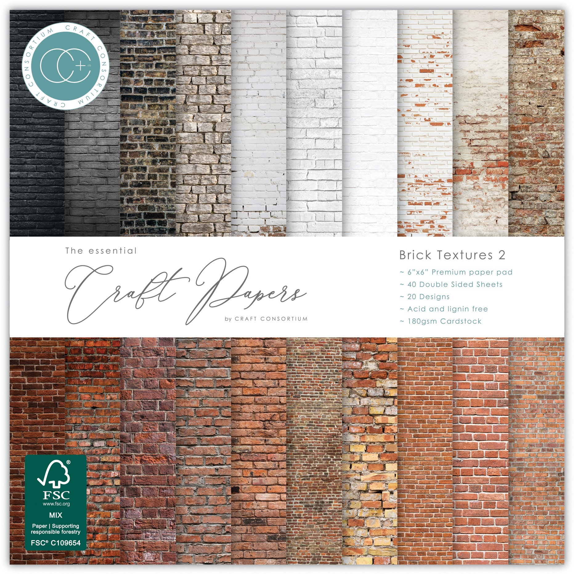 CraftConsortiumDouble-SidedPaperPad6"X6"40/Pkg-BrickTextures2